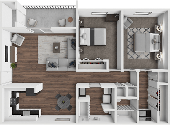 A 3D floor plan of a modern apartment with a kitchen, living room, and bathroom.