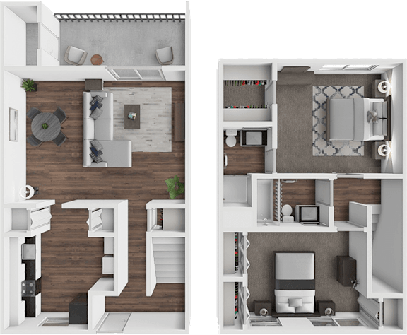 A split image of a modern apartment with a living room and kitchen on the left and a bedroom and bathroom on the right.