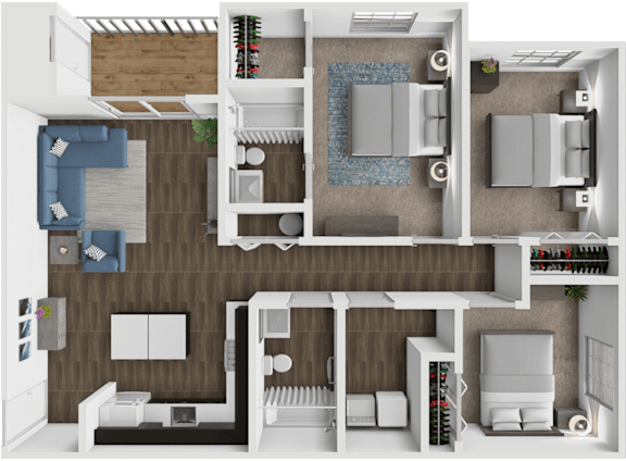 A 3D floor plan of a house with labeled rooms.