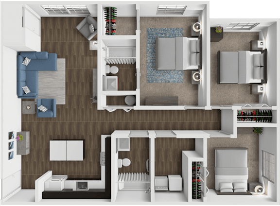 A 3D rendered image of a house layout.