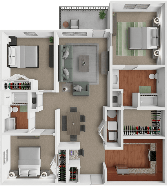 A detailed 3D floor plan of a 3 bedroom apartment layout.