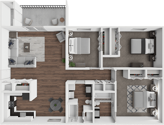 A 3D floor plan of a house showing the layout of the rooms.
