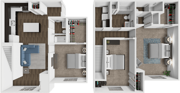 A split image of a room with a desk and a bed.