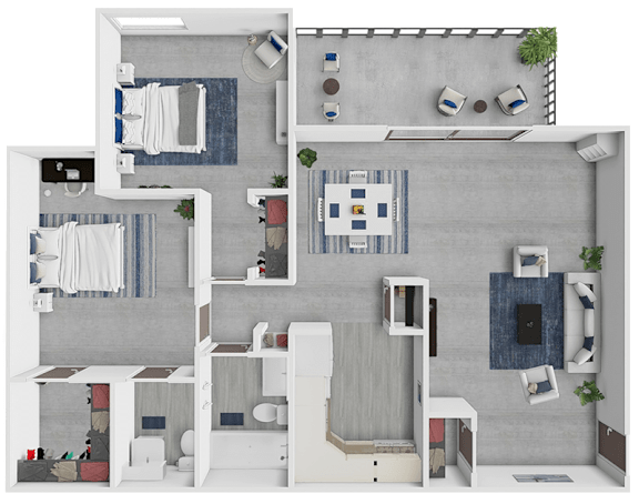 Floor Plan  A top-down view of a modern apartment layout with a kitchen, living room, and bedrooms.