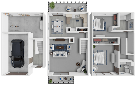 Floor Plan  A 3D floor plan of a house with a car parked outside.
