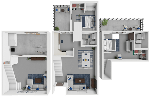 Floor Plan  A 3D floor plan of a house with multiple rooms and furniture.