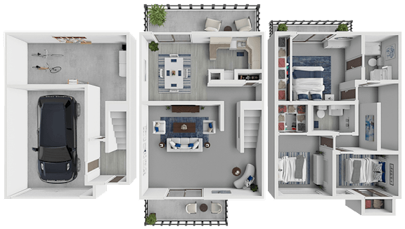 Floor Plan  3D floor plan of 3 bedroom 2 bath Paddock Village Townhome with garage