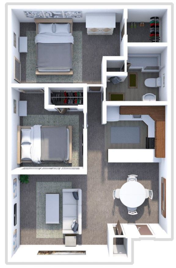 2 bed 1 bath floor plan at Arbor Arms Apartments