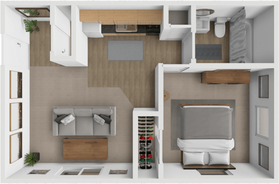 Floor Plan  a 3d rendering of a bedroom with a bathroom and a closet