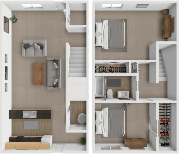 Floor Plan  a 3d rendering of the interior of a house with a kitchen and living room