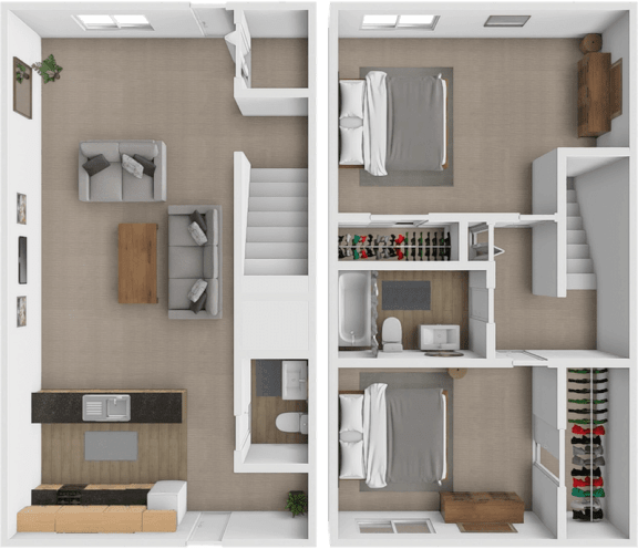 a rendering of a 3d floor plan with a bedroom and a living room