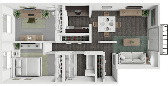 A 3D rendered floor plan of a 1 bedroom apartment with office area