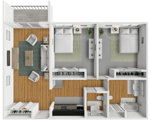 A 2 bedroom 1.5 bathroom apartment floor plan at arcadia grove