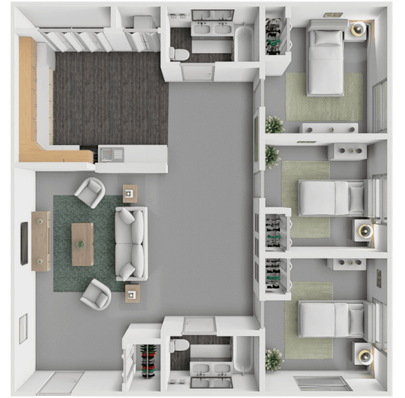 Floor Plan  A 3D floor plan of a 3 bedroom 2 bathroom apartment at arcadia grove