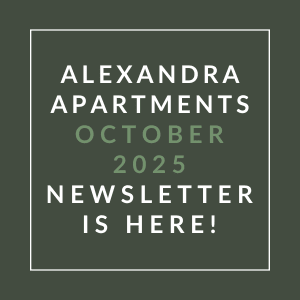 The image displays a newsletter cover for Alexandra Apartments, dated October 2025.