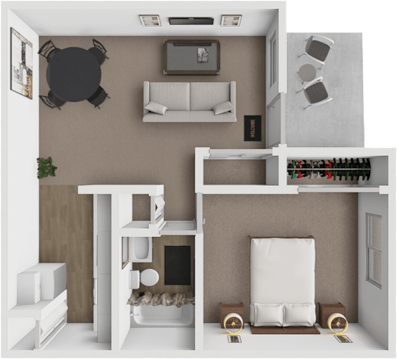 A 3D rendered image of a small apartment layout with a bedroom, living room, and kitchen.