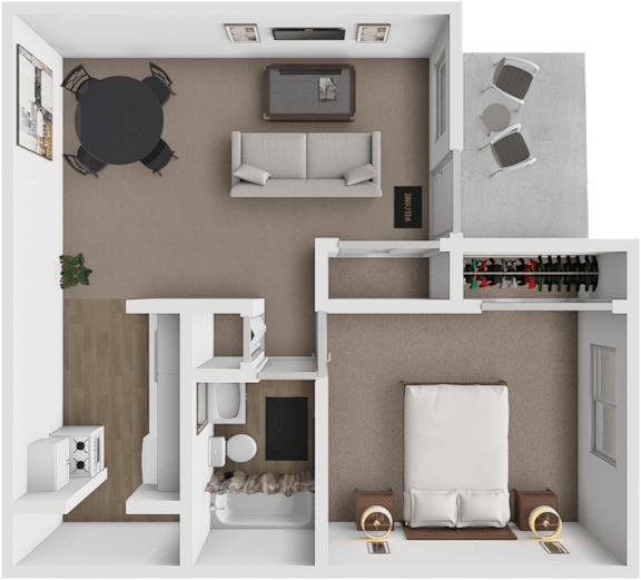A 3D rendered image of a small apartment layout with a living room, kitchen, and bedroom.