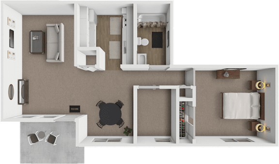 A top-down view of a small apartment with a kitchen, living room, and bathroom.