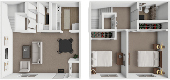 A 3D rendered image of a small apartment layout.