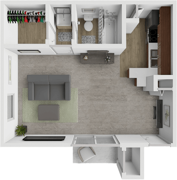 A 3D floor plan of a house showing a living room, kitchen, and bathroom.