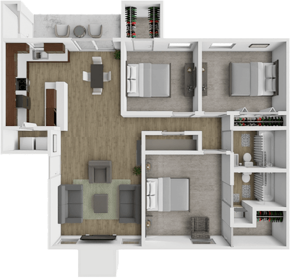 A 3D floor plan of a house with a living room, kitchen, dining room, and bathrooms.