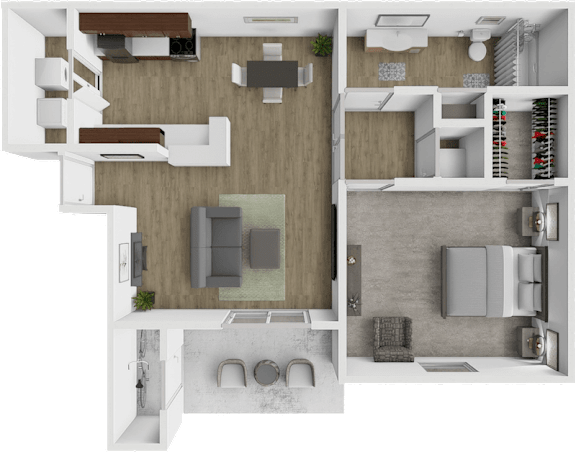A 3D floor plan of a house showing a kitchen, living room, and bathroom.