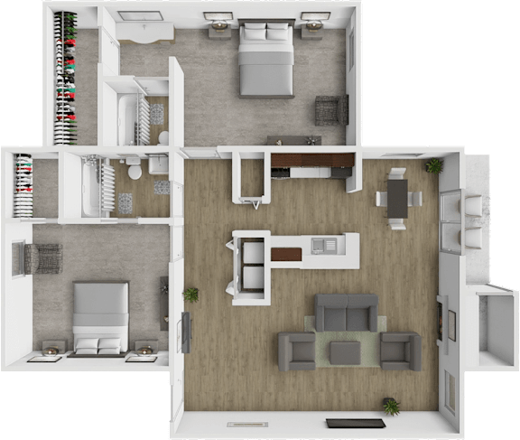 A top-down view of a two-bedroom apartment with a living room, kitchen, and bathroom.