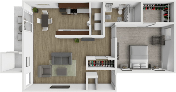 A 3D rendered image of a modern kitchen and living room.
