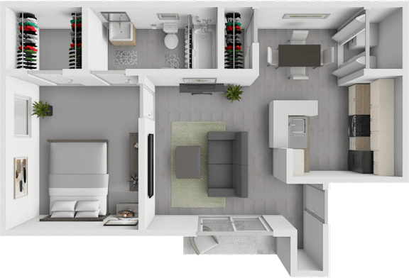 A modern, white-walled apartment with a kitchen, living room, and bathroom.