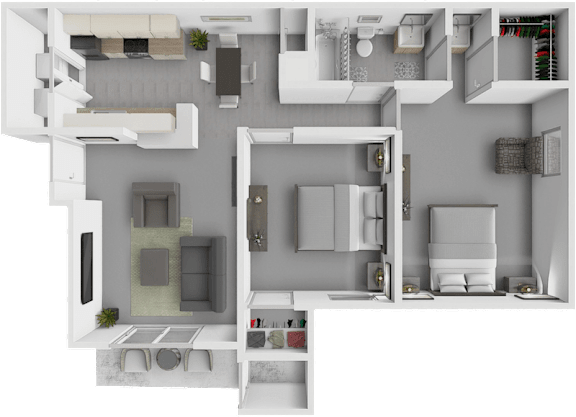 A top-down view of a modern apartment layout with a kitchen, living room, and bedrooms.