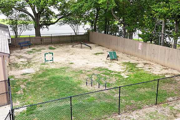 A backyard with a green swing set and a sandbox.