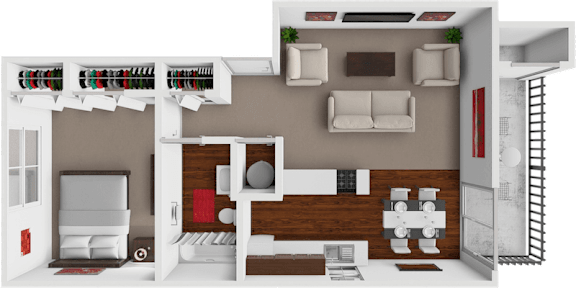 A 3D rendered image of a modern living room interior.