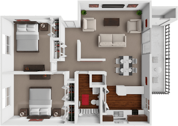 A 3D floor plan of a house with two bedrooms, a living room, a kitchen, and a bathroom.