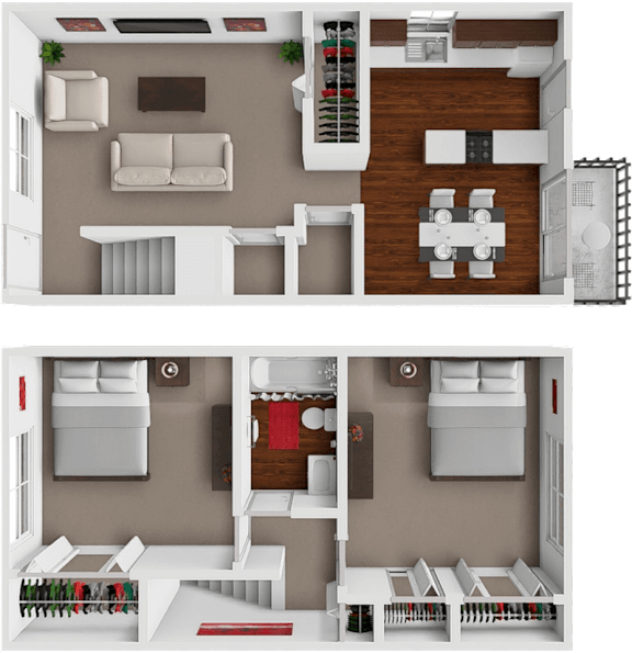 A top-down and bottom-up view of a small apartment layout with a living room, kitchen, and bedroom.