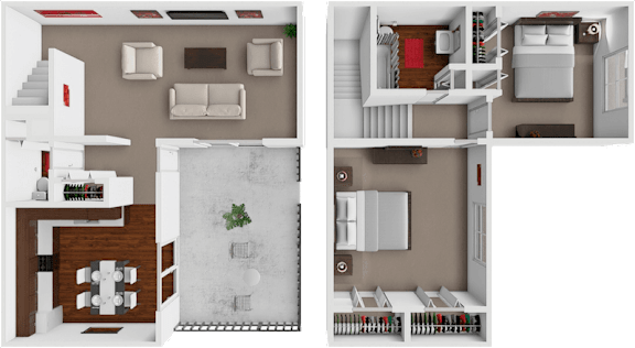 A 3D floor plan of a house showing the layout of the rooms.