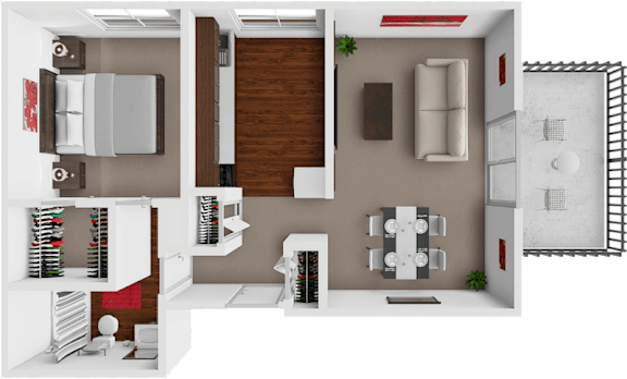 A 3D rendered image of a modern apartment layout.
