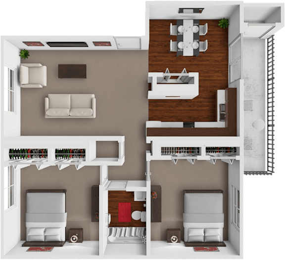 A 3D floor plan of a house showing a living room, dining area, kitchen, and bedrooms.