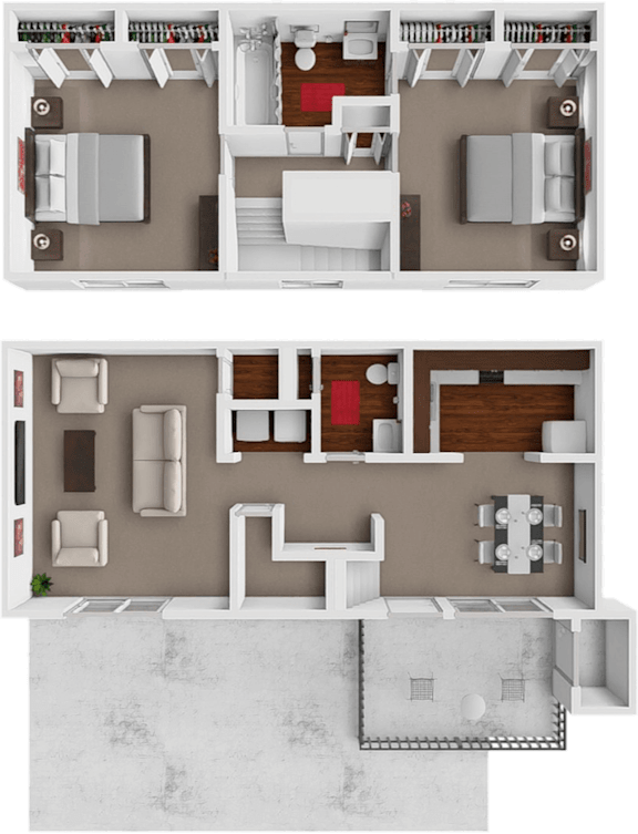 Floor Plan  A 3D floor plan of a house showing the layout of the rooms.