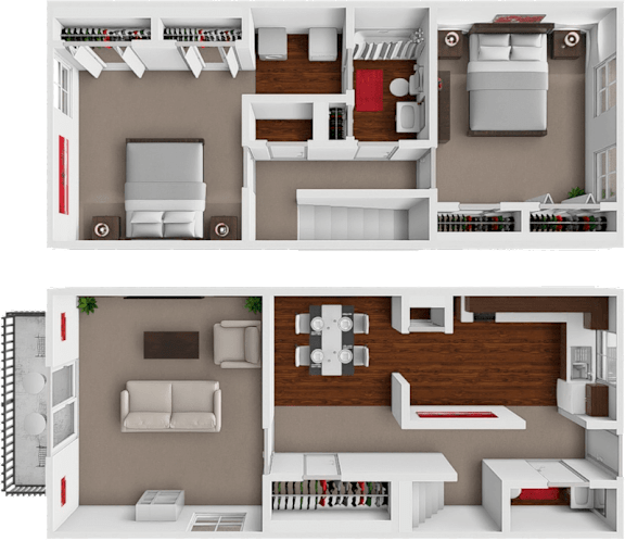 A top-down view of a two-story apartment with a living room, kitchen, and bedrooms.