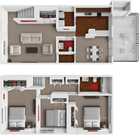 A 3D floor plan of a two-bedroom apartment with a living room, kitchen, and bathroom.