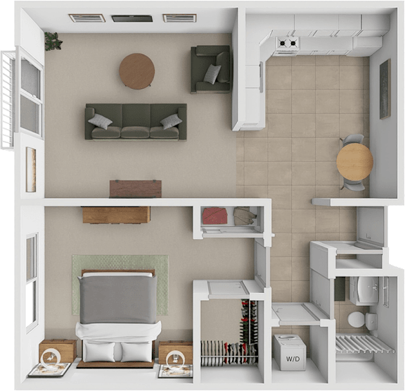 A 3D rendered image of a small apartment with a kitchen, living room, and bathroom.