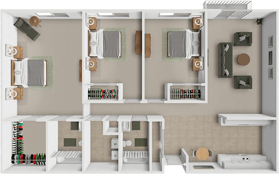 A 3D rendered image of a small apartment layout.