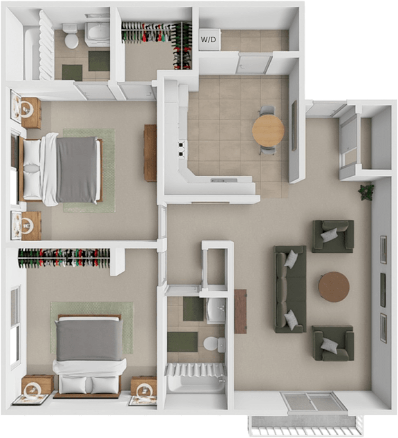 A floor plan of a small apartment with a bedroom, living room, and kitchen.