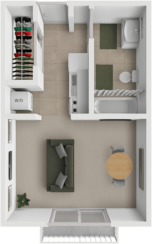 A 3D rendered image of a small apartment layout.