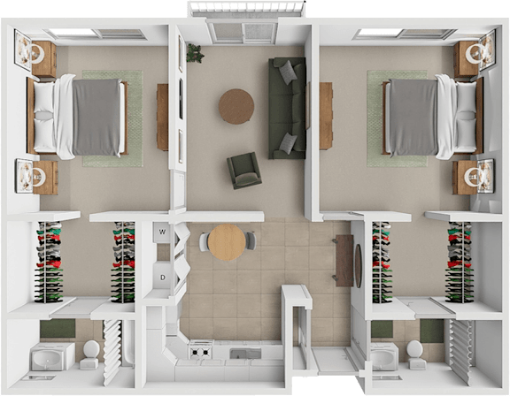 A top-down view of a small apartment with a bedroom, living room, and kitchen.