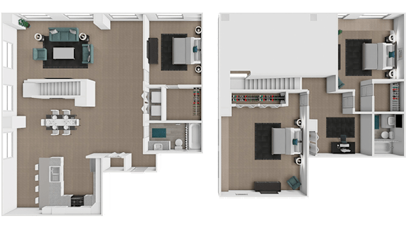 Two floor plans of a house with a kitchen, living room, and bathrooms.