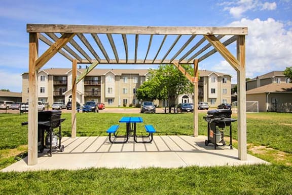 a picnic area with a picnic table and barbecue grill