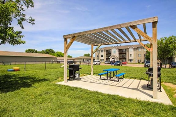 a picnic area with a picnic table in the grass