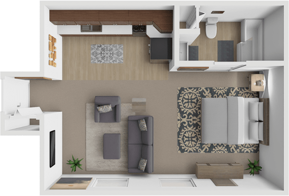 a 3d rendering of a bedroom with a living room and a dining room