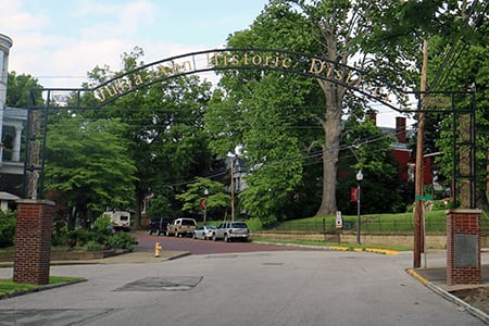 A sign in front of a church provides information about the Dexter Avenue Baptist Church.